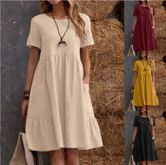 Summer European and American  Station Retro Loose Pocket Solid Color Crewneck Women's Cotton and Linen dress