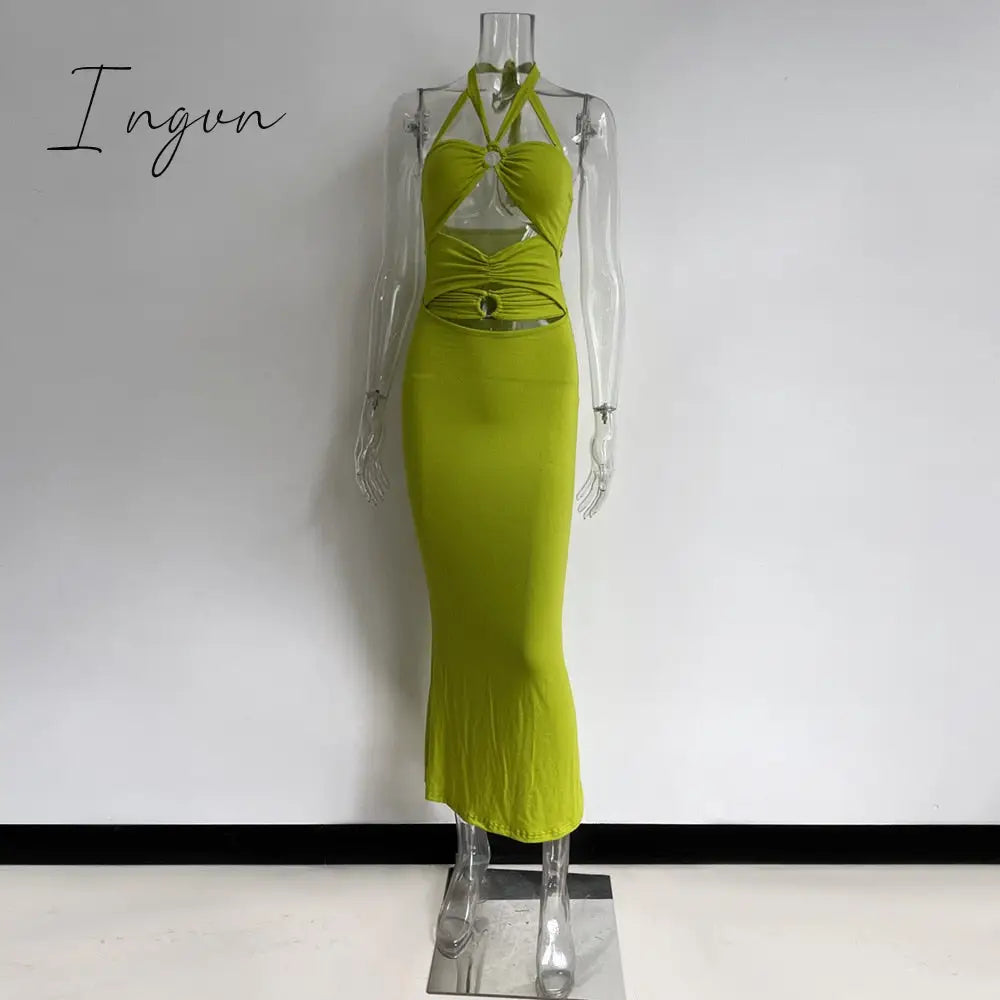 Ingvn - Sexy Hollow Out Corset Maxi Dress Party Dress Women Halter Cut Out  Wrap Split Long Dresses Summer Backless Clubwear Midi Robe