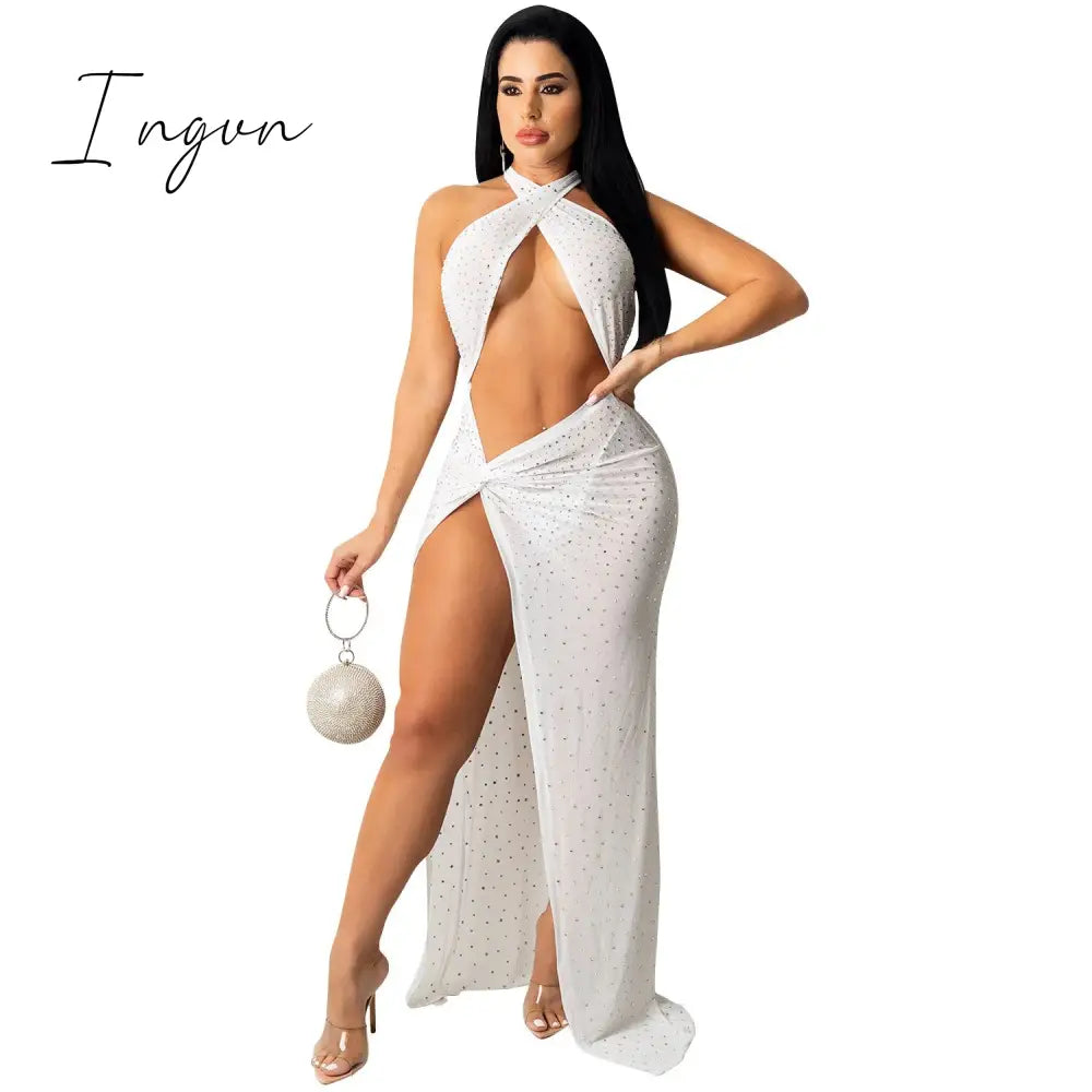 Ingvn - Sheer Mesh Diamonds Sequined Pearls High Split Long Dress For Women Straps Bodycon Long Vestidos Night Party Rhinestone Outfits