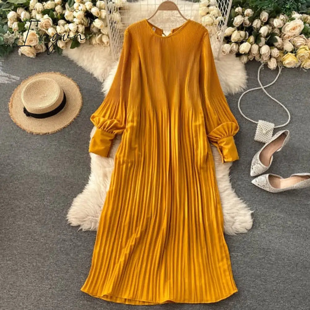 Ingvn - Vintage Pleated Chiffon Long Dress Women Casual Solid Pink/Green/Red O-Neck Draped Slim Vacation Vestidos Autumn Robe New