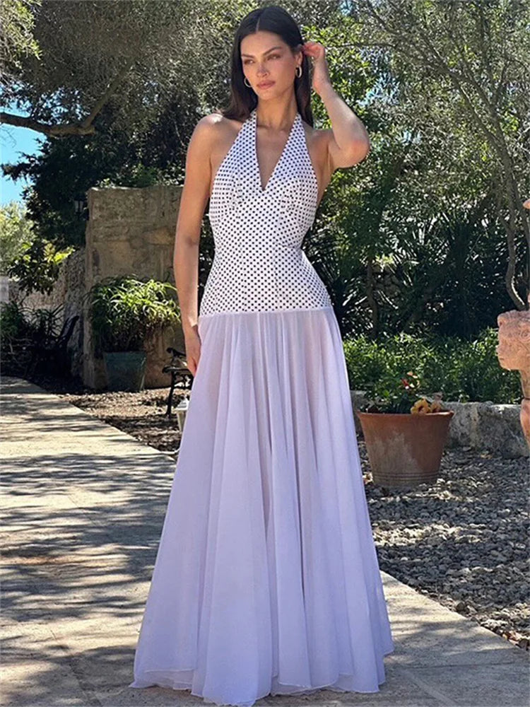 V-Neck Summer Fashion Maxi Dress For Women Contrast Patchwork See-Through Elegant Dress Slim Backless Lace-Up Long Dress