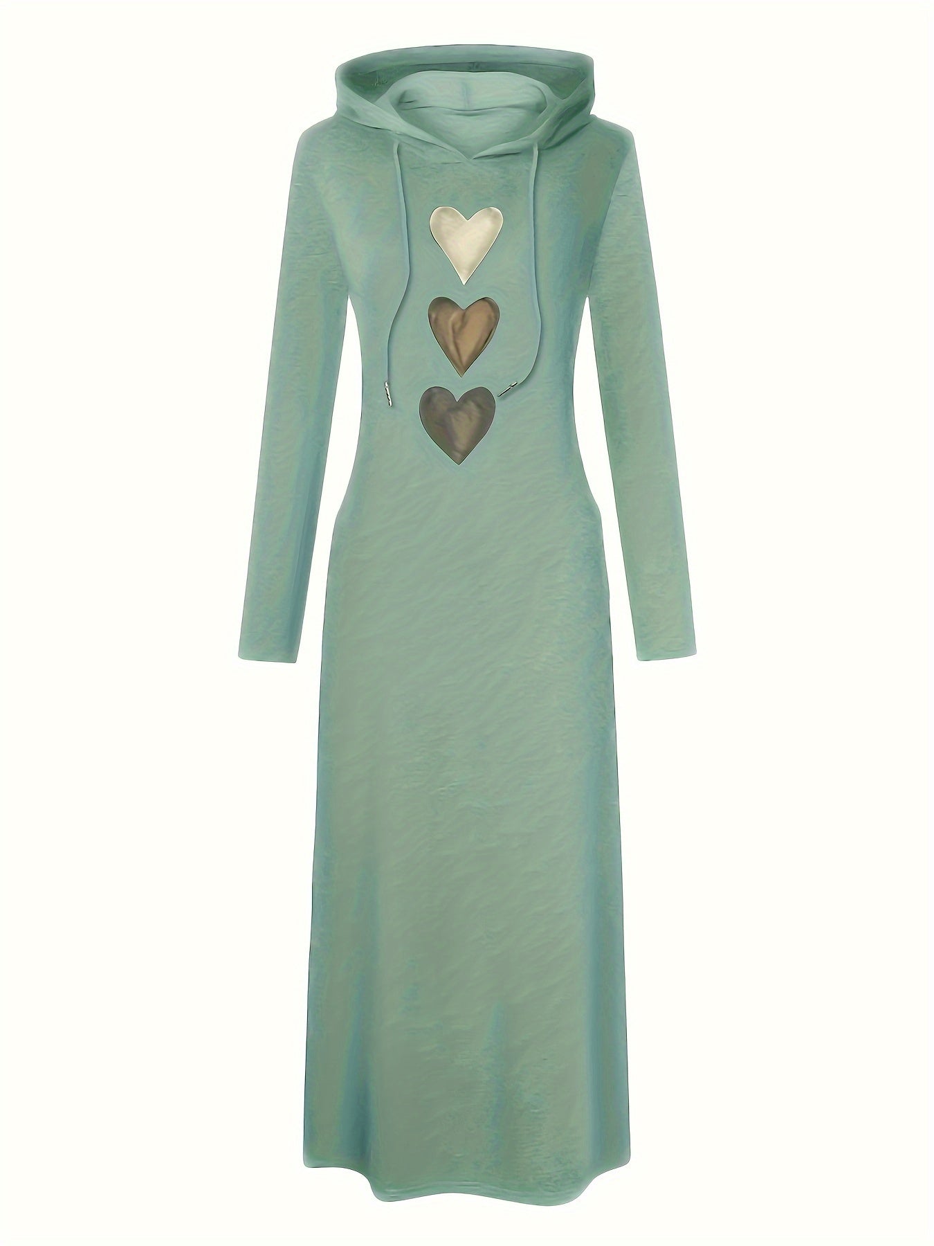 Chic Heart Print Drawstring Hooded Maxi Dress - Women's Casual Long Sleeve Fall & Winter Clothing - Soft, Cozy, and Versatile Fashion for Everyday Wear