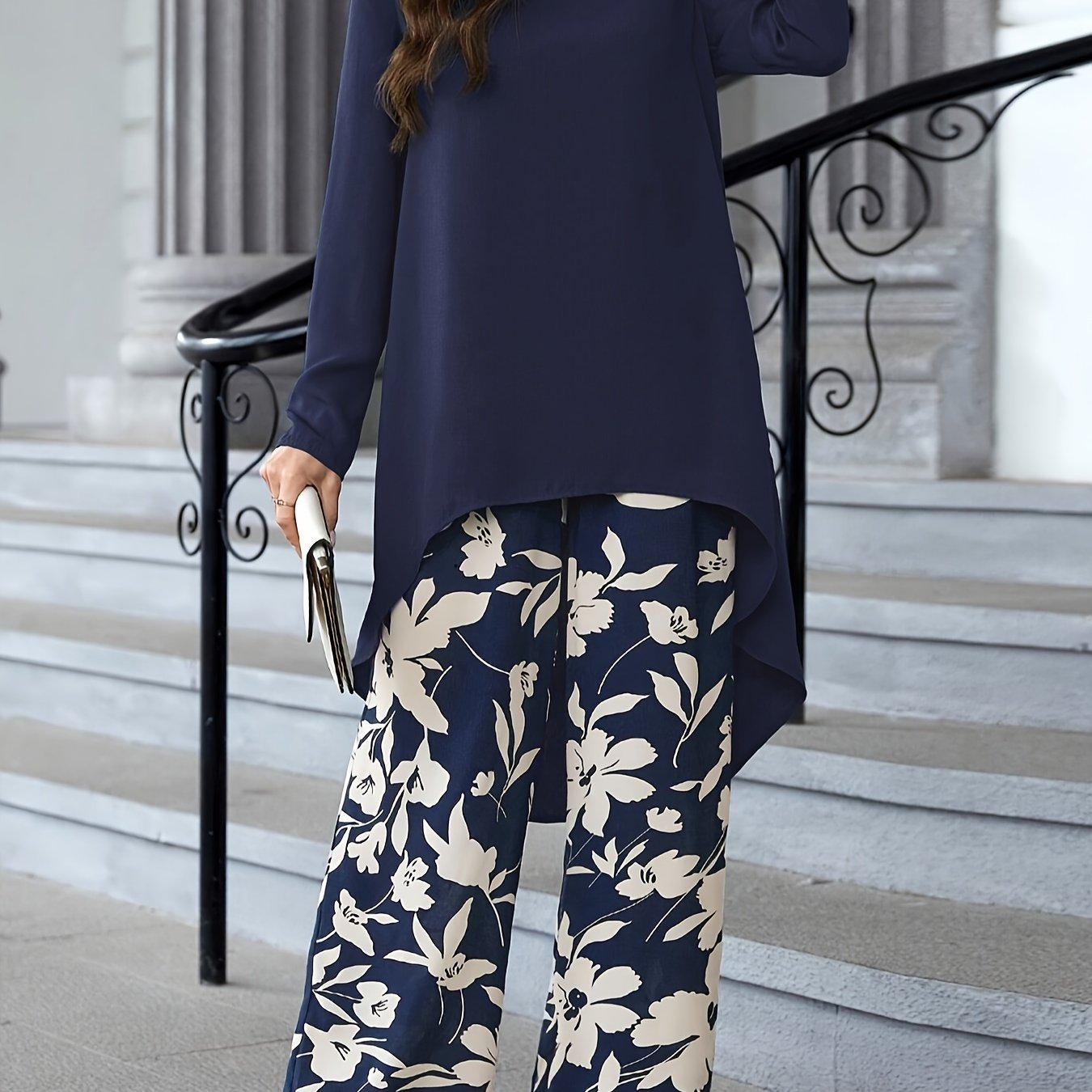 Two Piece Set: Solid Long Sleeve Crew Neck Top & Floral Print Wide Leg Pants for Spring & Fall, Women's Elegant Outfits