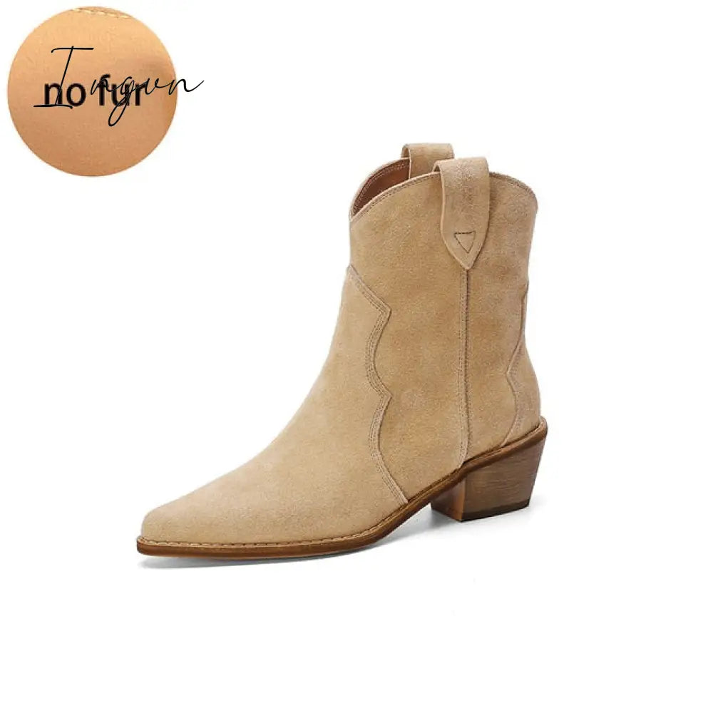 Ingvn - Winter Classic Chelsea Boots for Woman Cow Suede Pointy toe Wedge Heel Ankle Boots Simple Comfortable Cowboy Boots Female