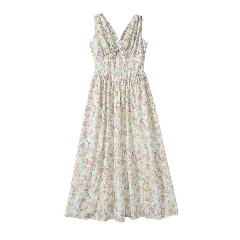 New Women Bow V Neck Floral Print Tank Summer Dress Sexy Sleeveless High Waist Elegant Holiday Party Dresses Midi Robe