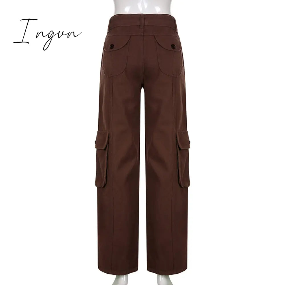 Ingvn - Hot Sell Quality Grunge Streetwear Cargo Pants Woman Low Waist Baggy Mom Jeans Vintage 90s Hippie Wide Leg Denim Trousers Korean Outfits