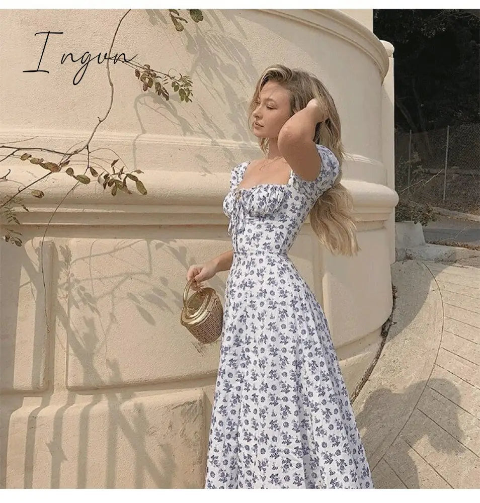 Ingvn - Summer Women's Wear, Bohemian Style Bubble Sleeve Floral Split Long Dress, High Waist Sexy Party Elegant Bandage Dress