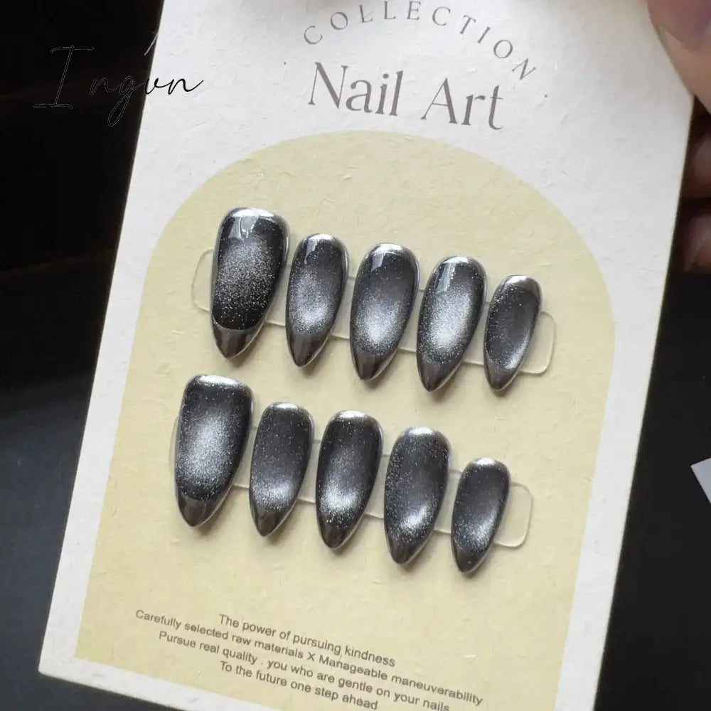 10Pcs Handmade Nails Set Press on Long Almond False Nail with Rhinestone Pink Camellia Design Reusable Full Cover Fake Nail Tips