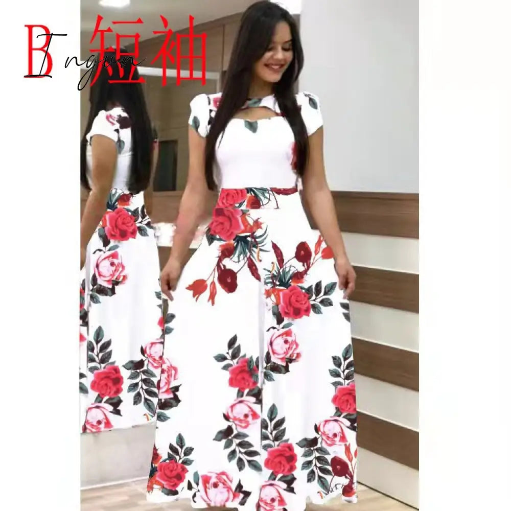 Ingvn - S- 5XL Plus Size Elegant Oversized Tunic Women Dress Bohmia Flower Print Maxi Dresses Fashion Hollow Out Long Vestidos