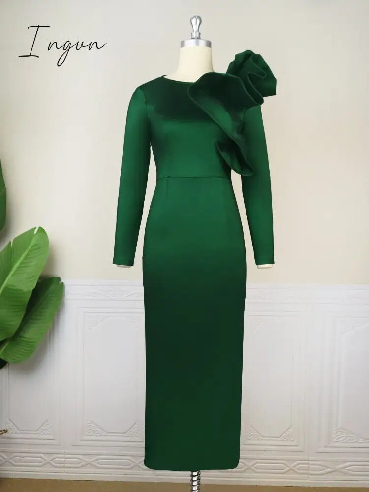 Ingvn - Dresses for Women Party Elegant Long Sleeve Asymmetric Ruffle Shimmer Midi Tight Dress Chic Evening Cocktail Birthday Night Gown