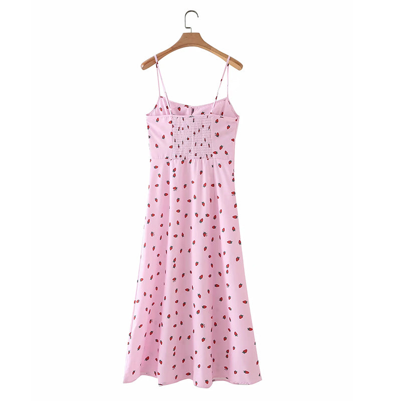 Voguable  Strawberry Print White Chiffon Long Dress Women Spaghetti Strap Vintage Boho Summer Beach Maxi Dress Sleeveless Sundress