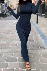 Ingvn - Casual Simplicity Solid Turtleneck Long Sleeve Dresses