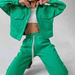 Ingvn - Women Casual Two Piece Sets Autumn Winter Fashion Female Warm Suits Turn-Down Collar Jacket And Drawstring Trouser Tracksuits