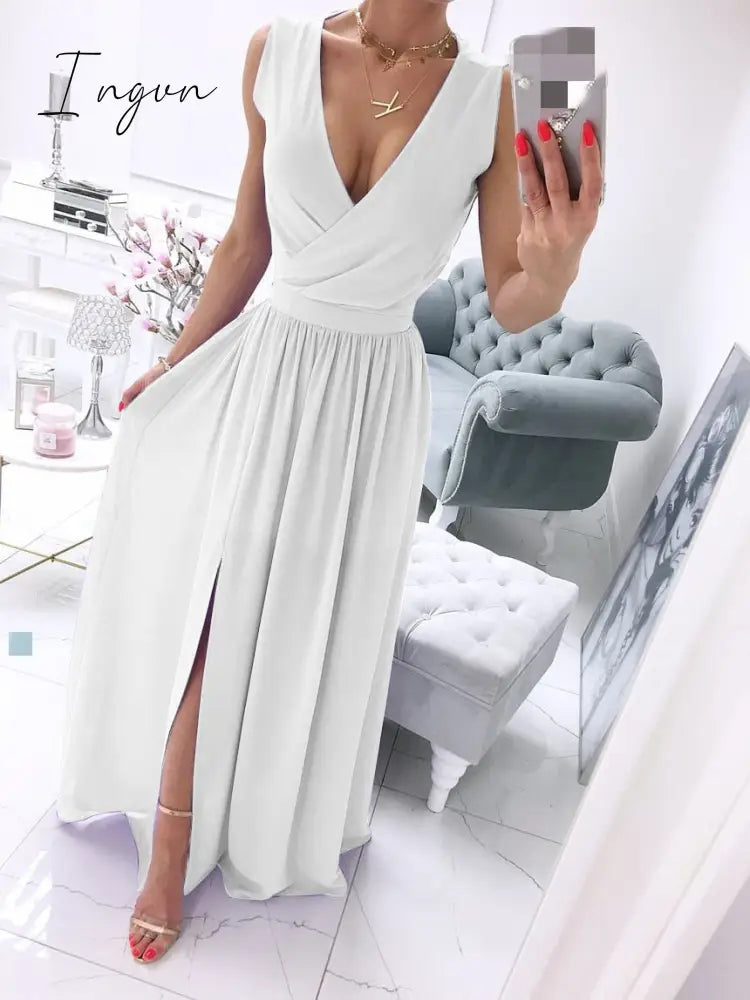 Ingvn - Sexy Long Evening Dress Elegant Dress For Women V-neck Side Split Party Dresses Female Summer Fashion Casual Club Ladies Clothes