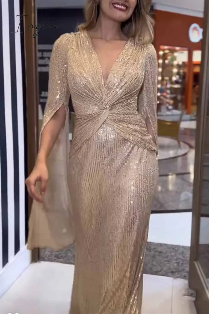 Ingvn - Sexy Formal Solid Sequins Fold V Neck A Line Dresses