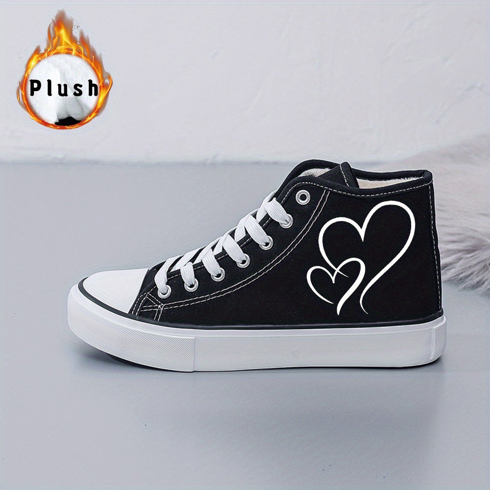 Ladies' Black and White Canvas Sneakers with Heart Design - Lightweight, Cartoon Print, All-Season, Random Print, Fabric Upper, Inner Liner, and Rubber Sole