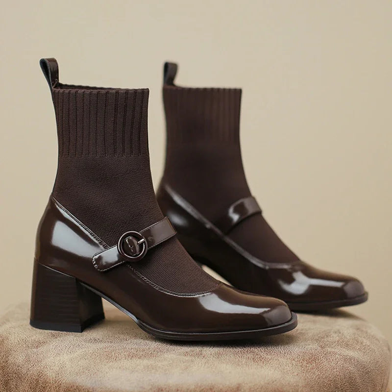 Ingvn  Autumn Winter Women Knit Sock Boots Fashion Slip On Square Heels Shoes Vintage Ladies Stretch Short Booties