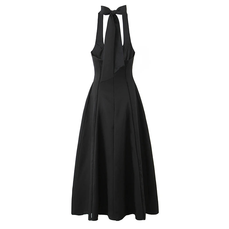 Vintage Elegant Black White Halter Midi Long Dresses Women A-line Slim Sexy Backless Dress Female Summer Party Robe