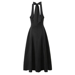 Vintage Elegant Black White Halter Midi Long Dresses Women A-line Slim Sexy Backless Dress Female Summer Party Robe
