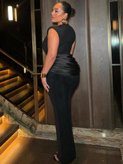 Sleeveless Ruched Sexy Maxi Dress For Women Gown Fashion Black O Neck High Waist Bodycon Club Party Long Dress Vestido