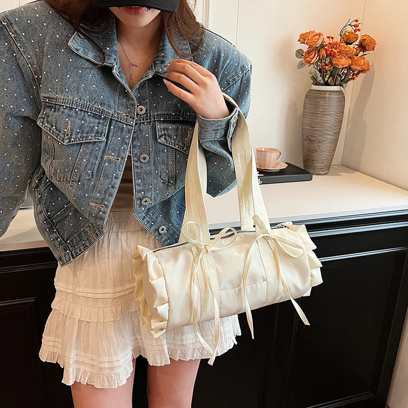 Ingvn  Women Summer Stylish Shoulder Bag Large Capacity Ruched Bow Ballet Style Pillow Bag Casual Versatile Commuter Handle Bag