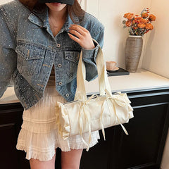 Ingvn  Women Summer Stylish Shoulder Bag Large Capacity Ruched Bow Ballet Style Pillow Bag Casual Versatile Commuter Handle Bag