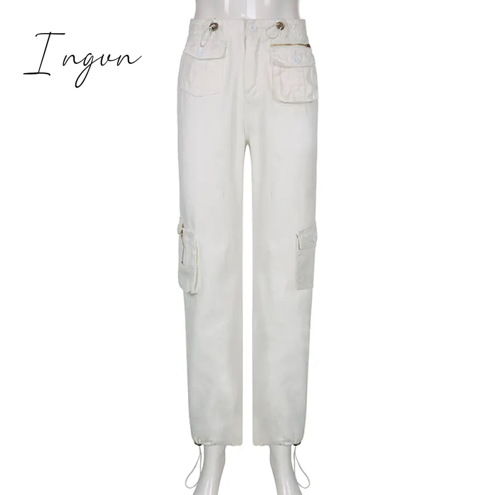 Ingvn - Women Spring Fashion Multi Pockets White Cargo Pants Women Adjustable Low Waist Baggy Wide Leg Jeans Oversized Casual Trousers Retro Bottoms Iamhotty