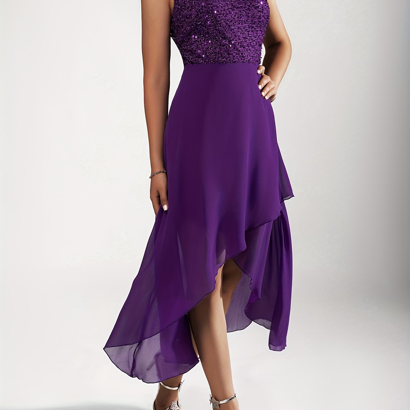Sequin One-shoulder Tulip Dress, Elegant Sleeveless Dress For Party & Banquet, Women's Clothing