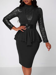 Solid Sequin Long Sleeve Tie Waist Dress, Vintage Bag Hip Bodycon Pencil Dress, Women's Clothing