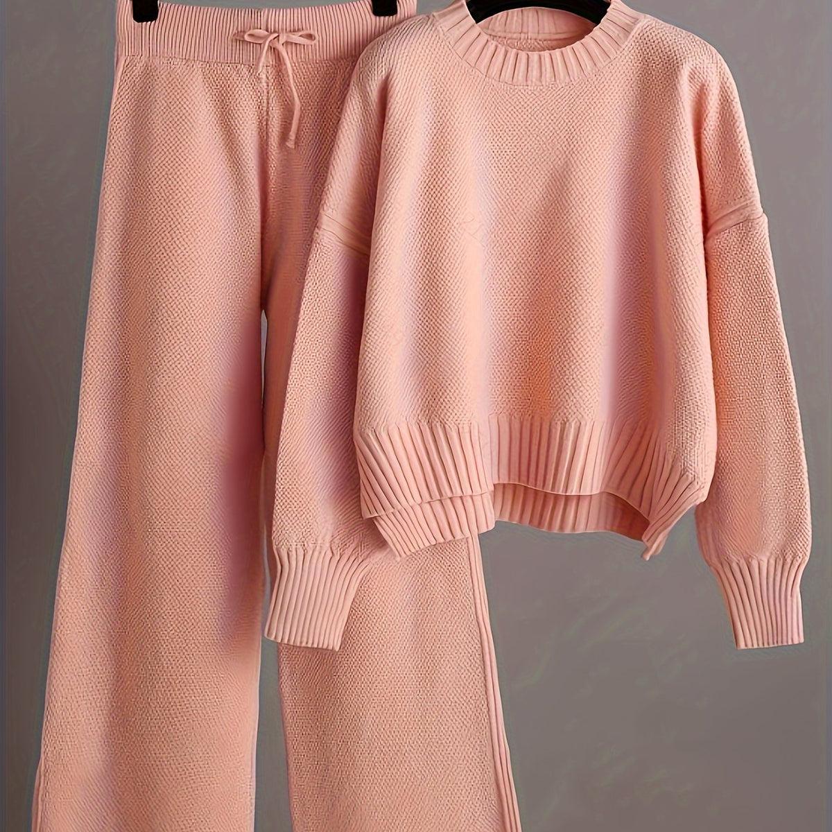 Cozy Knit Pants Set - Soft Long Sleeve Crew Neck Drop Shoulder Sweater, Drawstring Waist Wide Leg Pants, Comfortable Women's Clothing Outfit for Casual Daily Wear - Autumn Winter Fashion Essentials