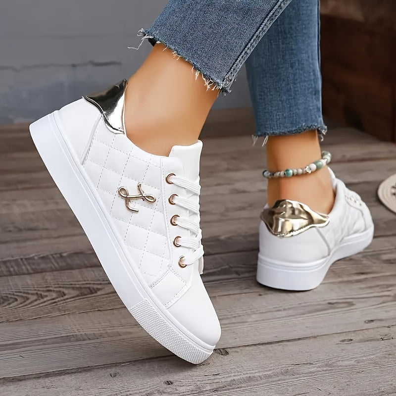 Women's Solid Color Casual Sneakers, Lace Up Platform Soft Sole Quilted Skate Shoes, Low-top Comfort White Shoes