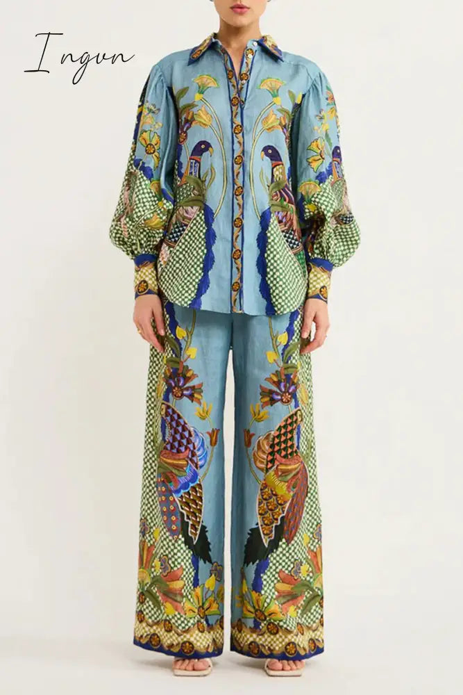 Ingvn - Casual College Animal Printing Turndown Collar Long Sleeve Two Pieces