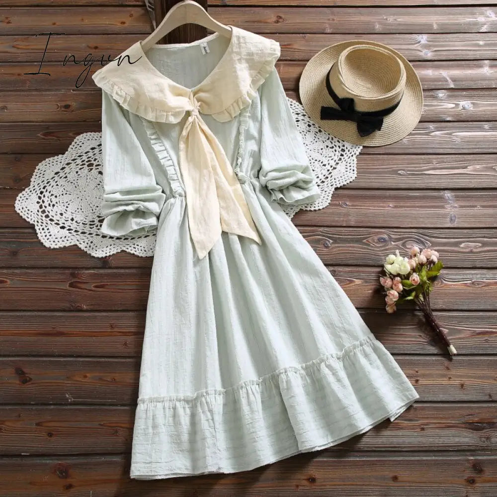 Ingvn - Spring autumn japan style cute kawaii solid dress new design peter pan collar women raffles causal dress