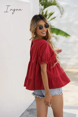 Ingvn - Round Neck Ruched Short Sleeve Blouse