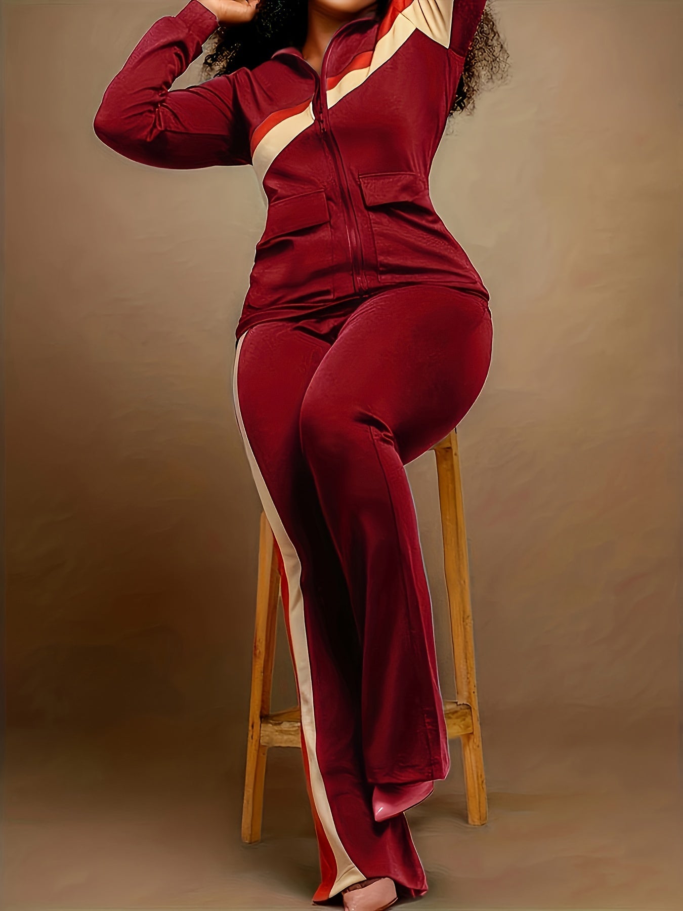 Two-piece Set, Long Sleeve & Long Length, Zip Up, Striped Print Retro Outfits, Women's Clothing