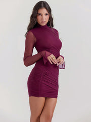 Elegant Turtleneck Sheer Long Sleeve Sexy Mini Dress For Women Fashion Two Layer Mesh Bodycon Club Party Dress Vestidos