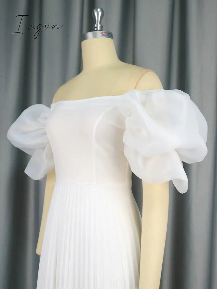 Ingvn - Women Elegant White Pleated Dresses Midi Off Shoulder Puff Sleeve A Line Cocktail Party Swing Dress Prom Summer 2023 Big Size