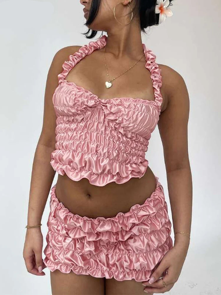 Solid Women 2Piece Set Sexy Summer Elastic Halter Backless Slim Crop Tanks+Matching Ruched Ruffle Skirts Clubwear
