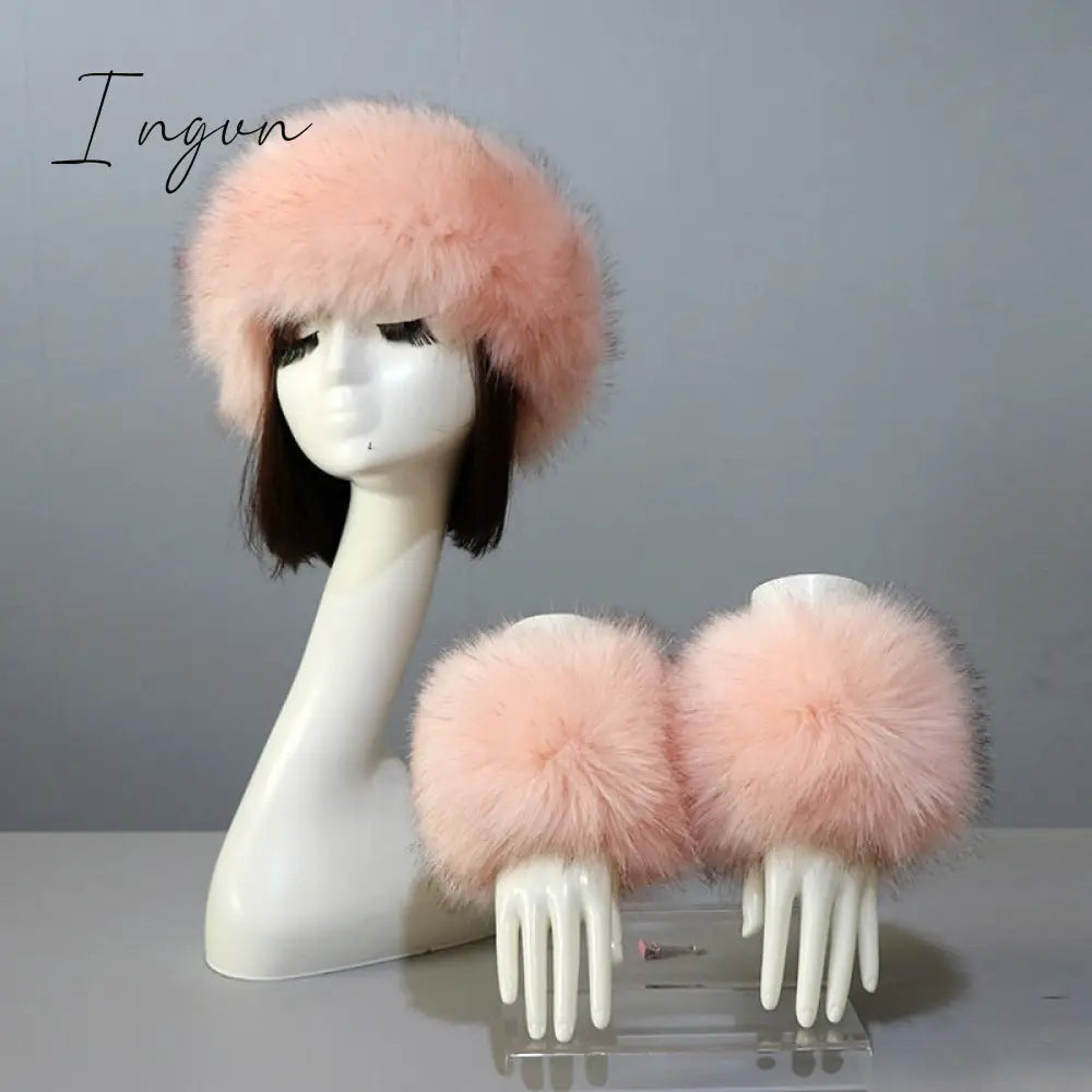 Ingvn - New Autumn Winter Caps Female Hats Cuffs Set Fashion Warmth Imitation Quality Design Faux Fur Hat Fox Fur Sleeves Suit Accessary