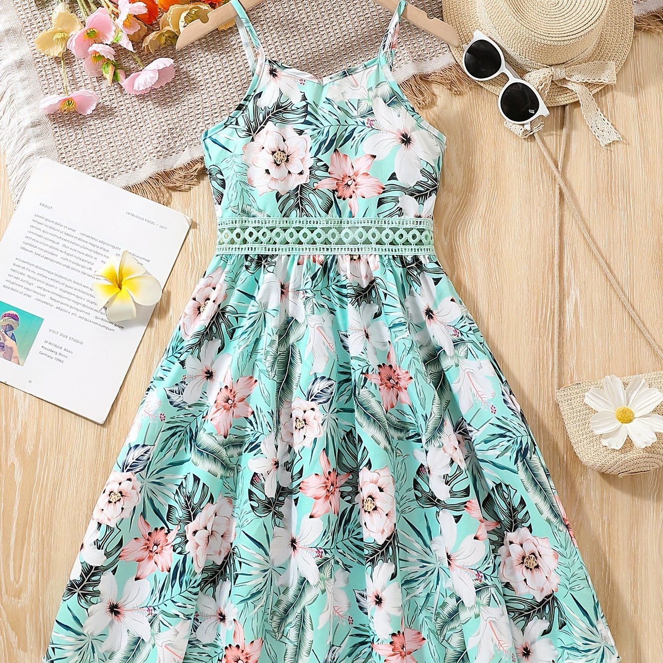 Long Length Girls Floral Print Bohemian Lace Waistline Suspender Dress - Delicate Contrast Lace, Non-Stretch Polyester Fabric, Regular Fit, Perfect for Summer Holiday and Casual Outings