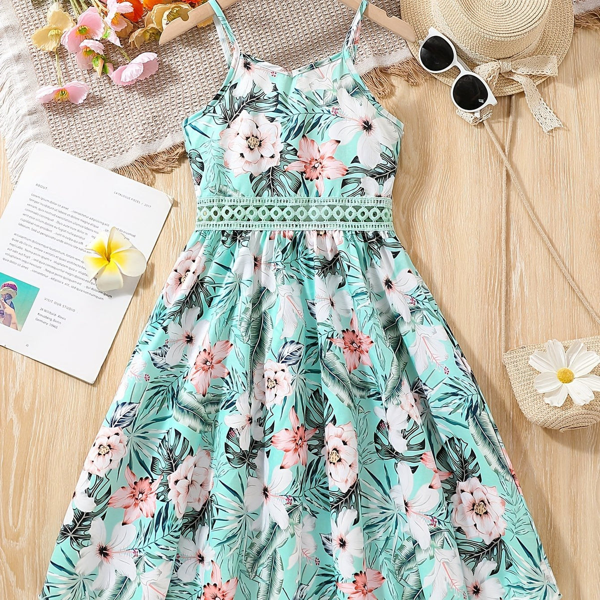 Long Length Girls Floral Print Bohemian Lace Waistline Suspender Dress - Delicate Contrast Lace, Non-Stretch Polyester Fabric, Regular Fit, Perfect for Summer Holiday and Casual Outings