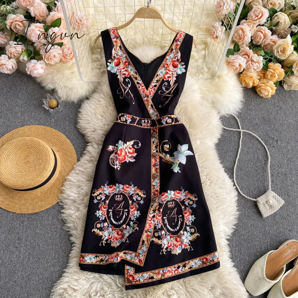 Ingvn - Spring Autumn Elegant 2 Piece Set Overalls Dress Women Bow Collar White Shirt Top+ Irregular Flower Print V-Neck Vest Dress