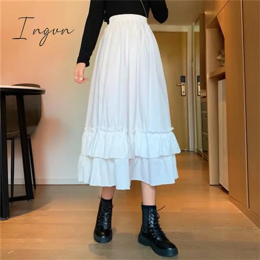 Ingvn - Spring/Autumn Women Skirts High Waist Student Korean Style Dark Vintage Ruffle Long A-line Skirts Women Fashion