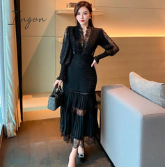 Ingvn - Fashion Runway Women Pleated Party Dress Spring Sexy V Neck Lantern Sleeve Chiffon Patchwork Lace Bodycon Slim Long Dress