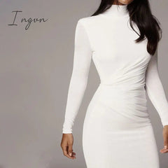 Ingvn - Summer New Women's Sexy Tight Hip Over Knee White Solid Long Sleeve High Collar Dresses Ladies 2023