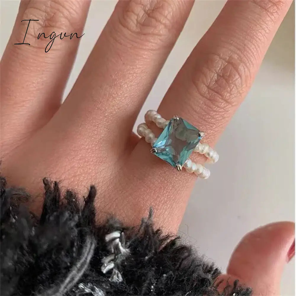 Kpop Romantic Coloful Crystal Pearl Elastic Rope Beaded Ring Smooth Irregular Geometric Square Oval Rings for Women Jewelry