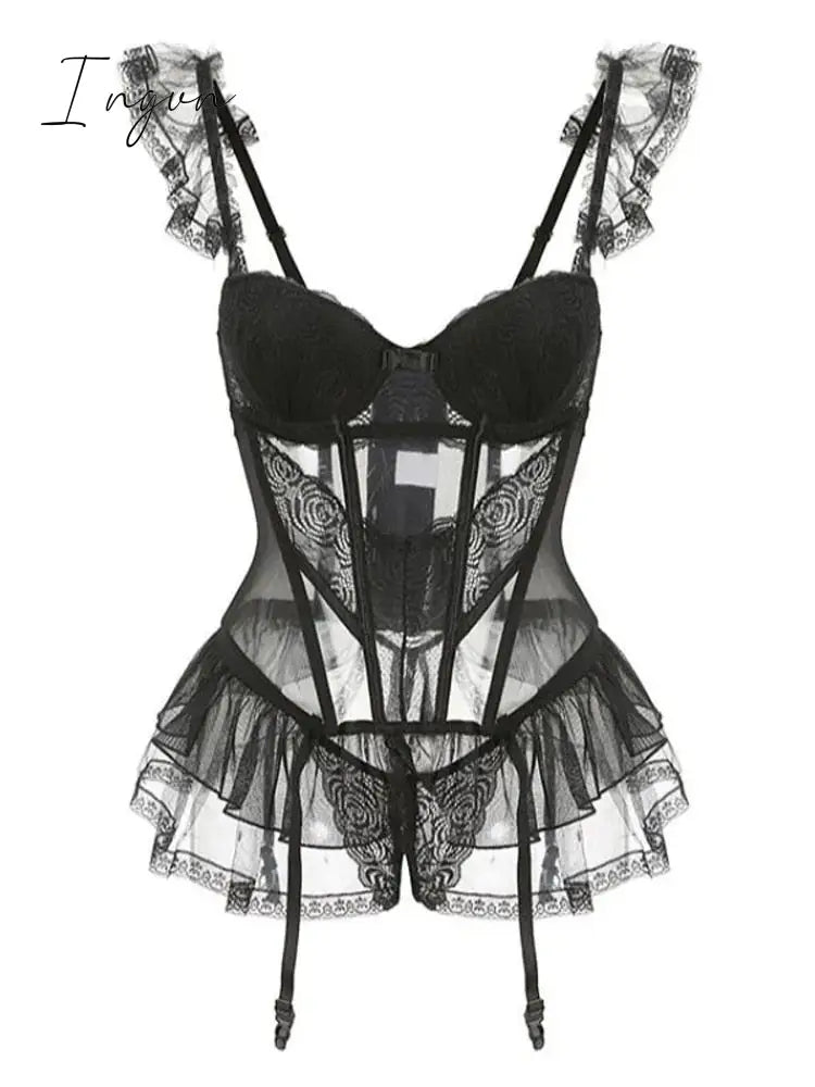 Ingvn - New Years Eve Dresses For Women Fairy Lace Mesh Sexy Black Mini Tank Summer Beach Dress Elegant Ruffles Tops Autumn Sweet Korean Women