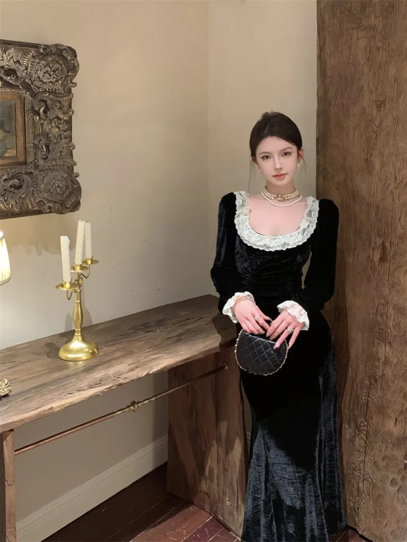 Vintage Fashions Black Long Sleeves Velvet Midi Dresses for Women Autumn New Elegant Chic Evening Birthday Party Female Clothing