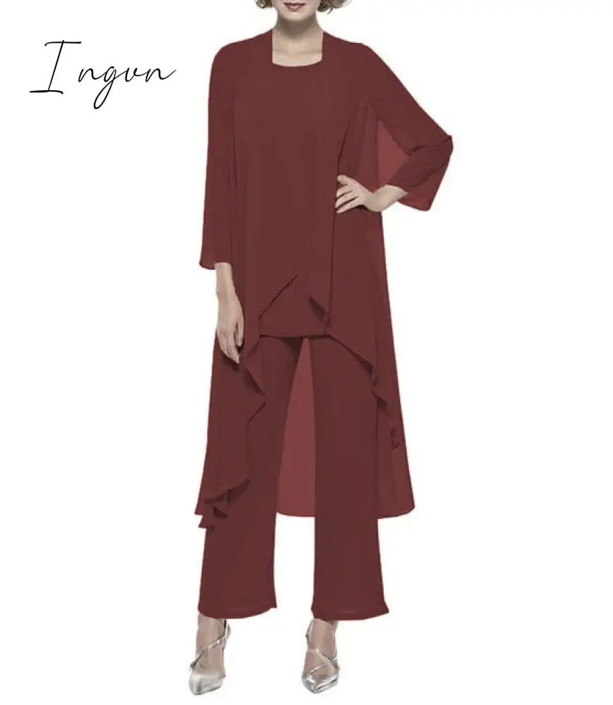 Ingvn - Mother of the Bride Dresses Plus Size Dress Blazer Champagne Chiffon Pantsuit 3 Pieces Wedding Party Guest Gown Dress