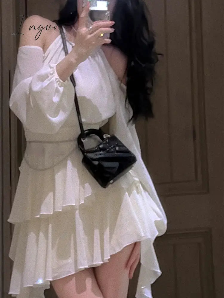 Ingvn - Autumn Fairy Pure Color Short Party Dress Korean Fashion Elegant Mini Dress Woman Design Casual Long Sleeve Dress Female
